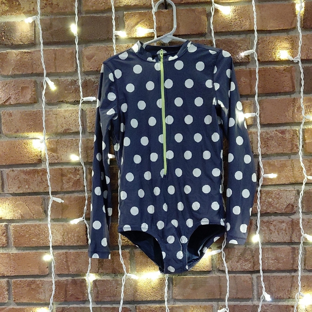 Primary Navy and White Polka Dot Kids Swim One Piece